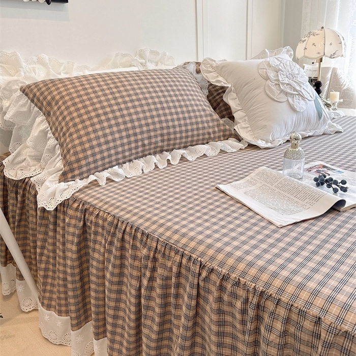 91家纺网 家纺一手货源 找家纺 胜权家纺 2025春夏新品全棉法式复古色织水洗棉床裙单品系列 米咖格