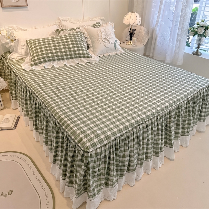 91家纺网 家纺一手货源 找家纺 胜权家纺 2025春夏新品全棉法式复古色织水洗棉床裙单品系列 中绿格