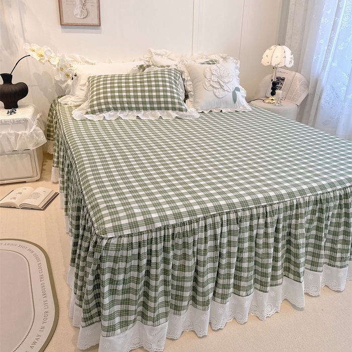 91家纺网 家纺一手货源 找家纺 胜权家纺 2025春夏新品全棉法式复古色织水洗棉床裙单品系列 中绿格