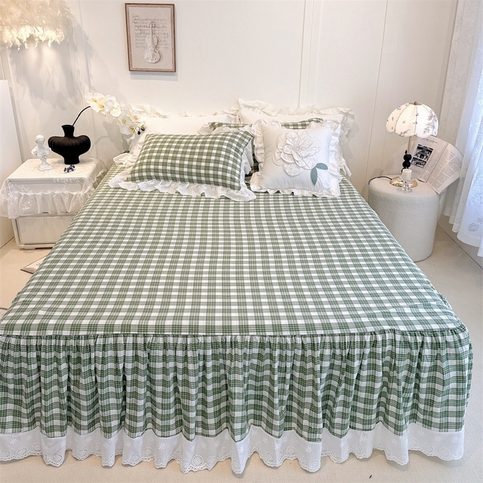 91家纺网 家纺一手货源 找家纺 胜权家纺 2025春夏新品全棉法式复古色织水洗棉床裙单品系列 中绿格