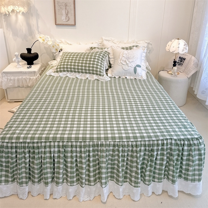 91家纺网 家纺一手货源 找家纺 胜权家纺 2025春夏新品全棉法式复古色织水洗棉床裙单品系列 中绿格