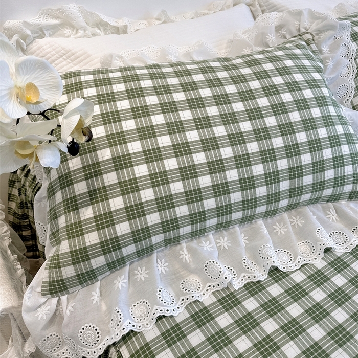 91家纺网 家纺一手货源 找家纺 胜权家纺 2025春夏新品全棉法式复古色织水洗棉床裙单品系列 中绿格