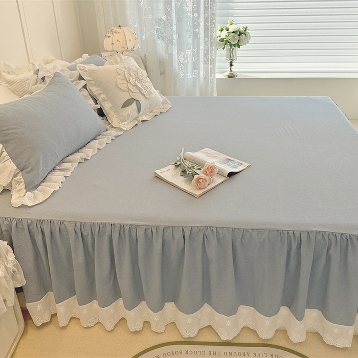 91家纺网 家纺一手货源 找家纺 胜权家纺 2025春夏新品全棉法式复古色织水洗棉床裙单品系列 丹宁蓝