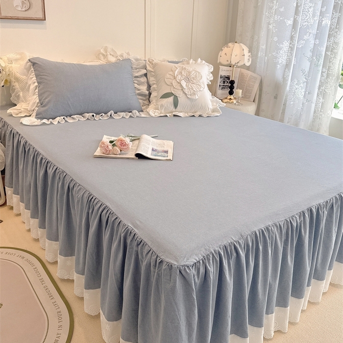 91家纺网 家纺一手货源 找家纺 胜权家纺 2025春夏新品全棉法式复古色织水洗棉床裙单品系列 丹宁蓝