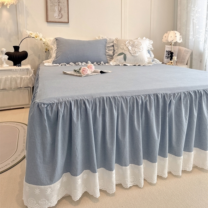 91家纺网 家纺一手货源 找家纺 胜权家纺 2025春夏新品全棉法式复古色织水洗棉床裙单品系列 丹宁蓝