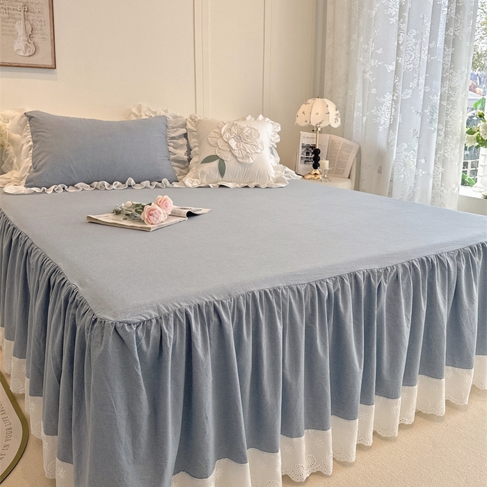 91家纺网 家纺一手货源 找家纺 胜权家纺 2025春夏新品全棉法式复古色织水洗棉床裙单品系列 丹宁蓝