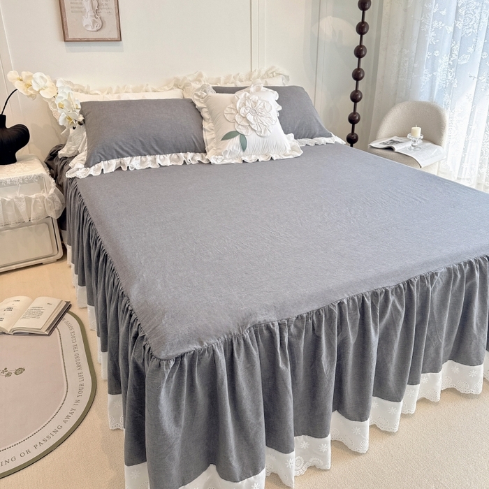 胜权家纺 2025春夏新品全棉法式复古色织水洗棉床裙单品系列 亚麻灰