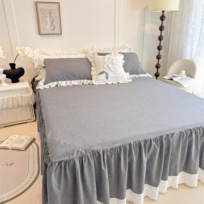 91家纺网 家纺一手货源 找家纺 胜权家纺 2025春夏新品全棉法式复古色织水洗棉床裙单品系列 亚麻灰