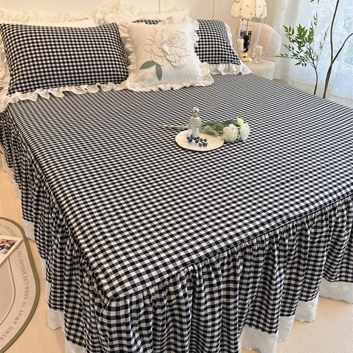 91家纺网 家纺一手货源 找家纺 胜权家纺 2025春夏新品全棉法式复古色织水洗棉床裙四件套系列 小黑格