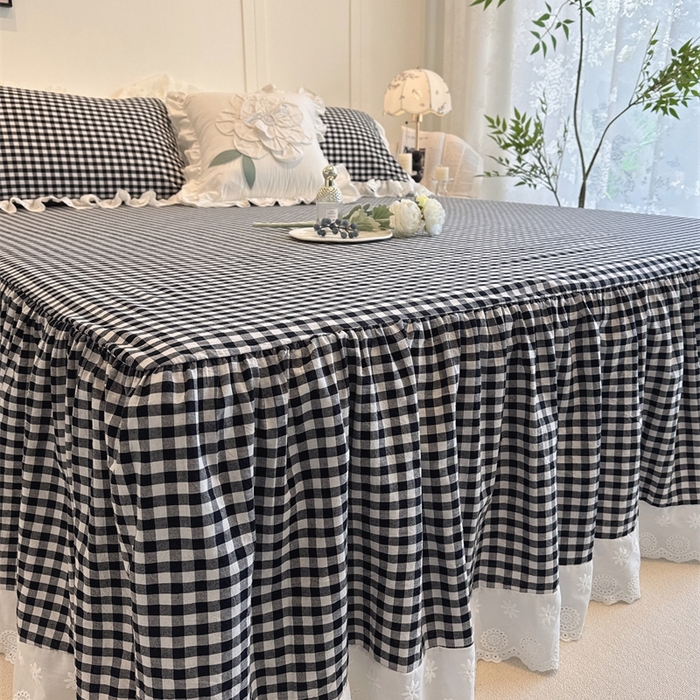 91家纺网 家纺一手货源 找家纺 胜权家纺 2025春夏新品全棉法式复古色织水洗棉床裙四件套系列 小黑格