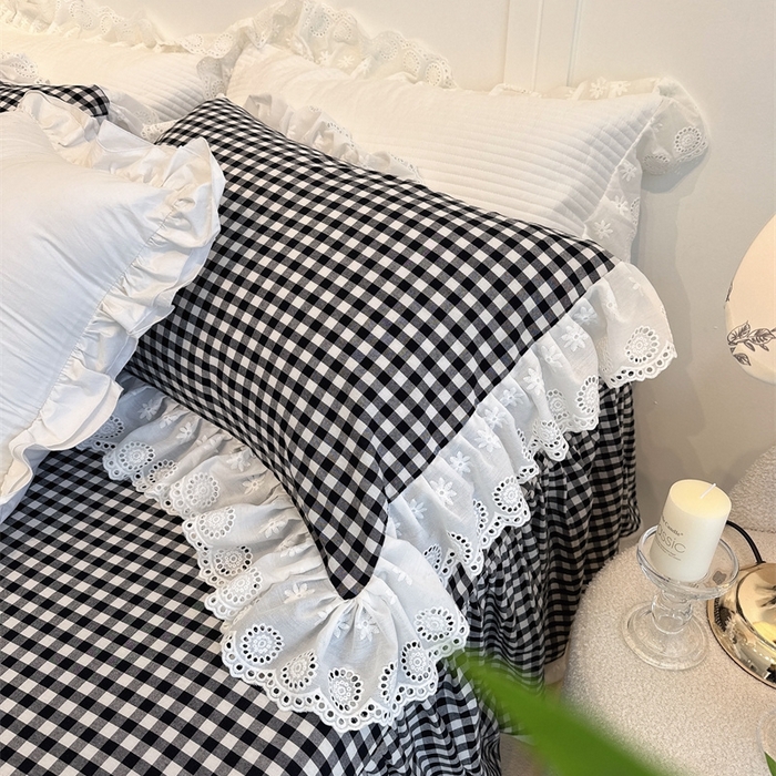 91家纺网 家纺一手货源 找家纺 胜权家纺 2025春夏新品全棉法式复古色织水洗棉床裙四件套系列 小黑格