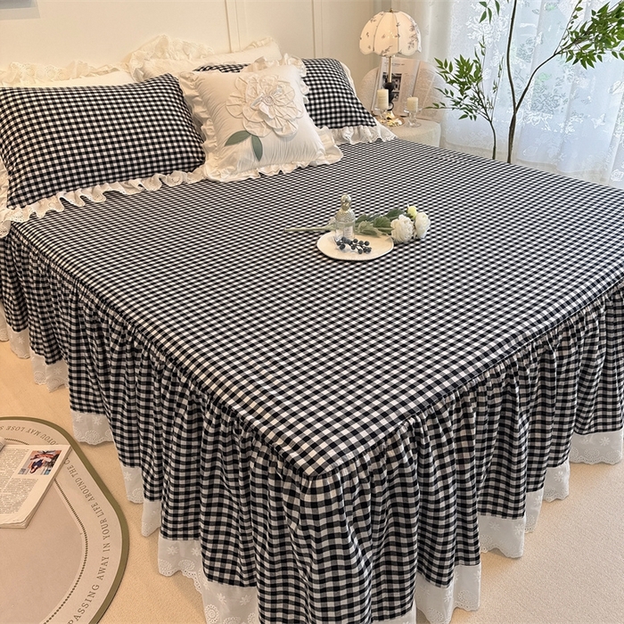 91家纺网 家纺一手货源 找家纺 胜权家纺 2025春夏新品全棉法式复古色织水洗棉床裙四件套系列 小黑格