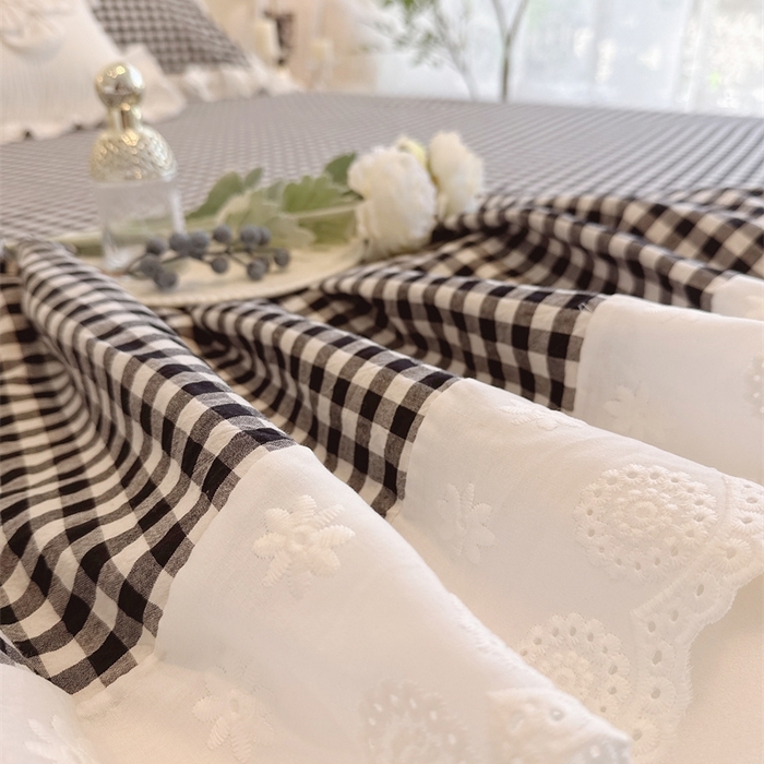 91家纺网 家纺一手货源 找家纺 胜权家纺 2025春夏新品全棉法式复古色织水洗棉床裙四件套系列 小黑格