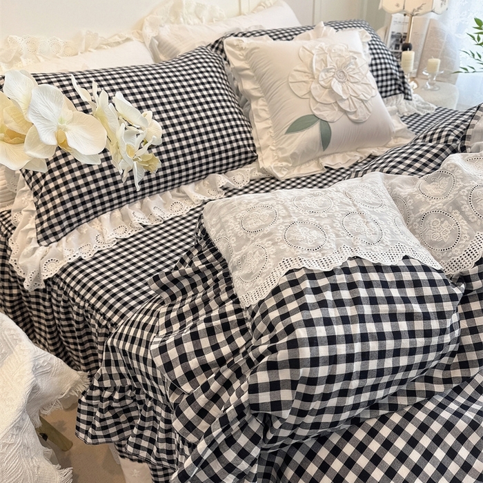 91家纺网 家纺一手货源 找家纺 胜权家纺 2025春夏新品全棉法式复古色织水洗棉床裙四件套系列 小黑格