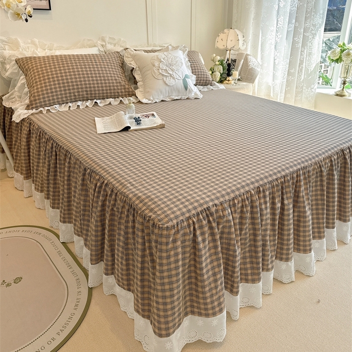 91家纺网 家纺一手货源 找家纺 胜权家纺 2025春夏新品全棉法式复古色织水洗棉床裙四件套系列 米咖格