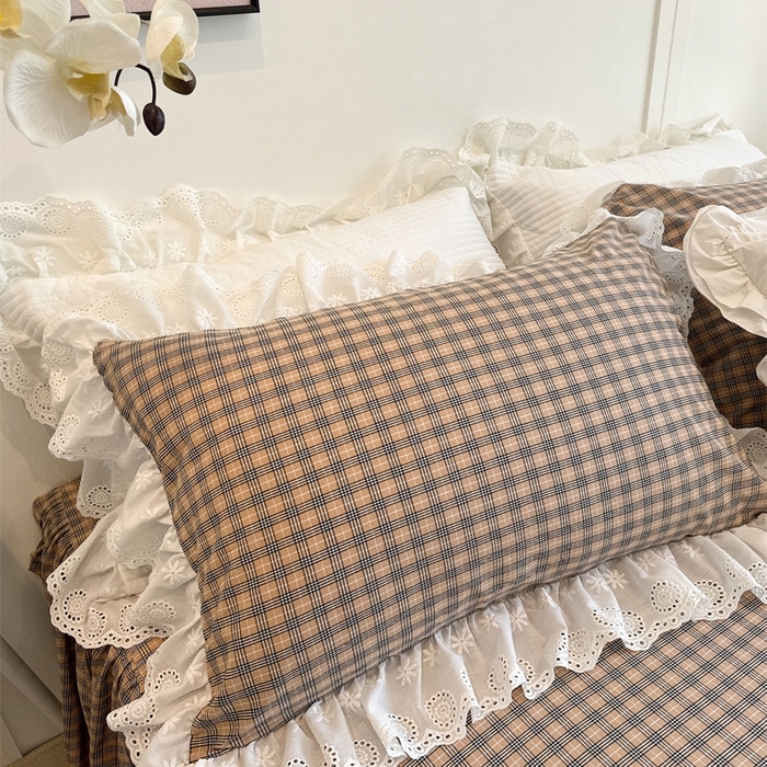 91家纺网 家纺一手货源 找家纺 胜权家纺 2025春夏新品全棉法式复古色织水洗棉床裙四件套系列 米咖格