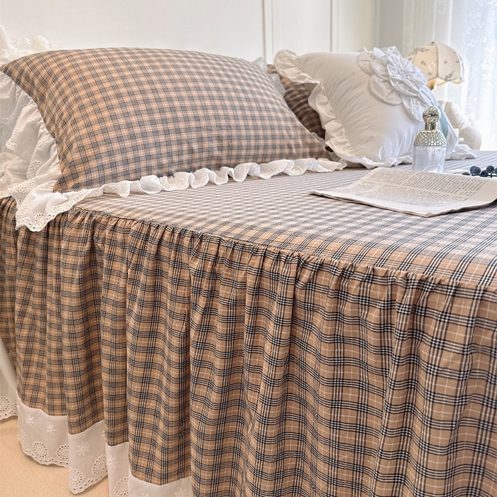 91家纺网 家纺一手货源 找家纺 胜权家纺 2025春夏新品全棉法式复古色织水洗棉床裙四件套系列 米咖格