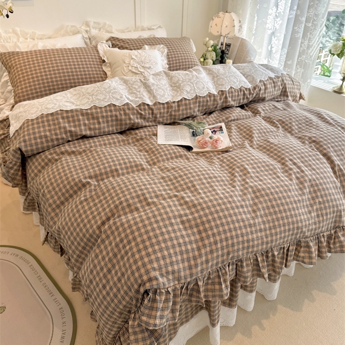 91家纺网 家纺一手货源 找家纺 胜权家纺 2025春夏新品全棉法式复古色织水洗棉床裙四件套系列 米咖格