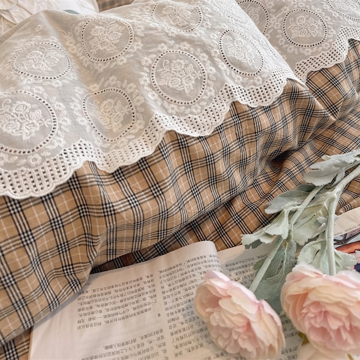 91家纺网 家纺一手货源 找家纺 胜权家纺 2025春夏新品全棉法式复古色织水洗棉床裙四件套系列 米咖格