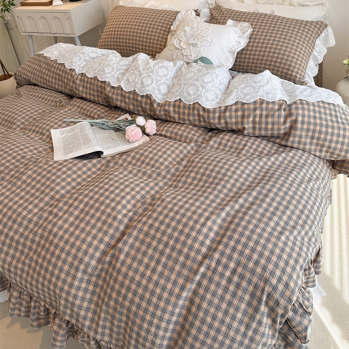 91家纺网 家纺一手货源 找家纺 胜权家纺 2025春夏新品全棉法式复古色织水洗棉床裙四件套系列 米咖格