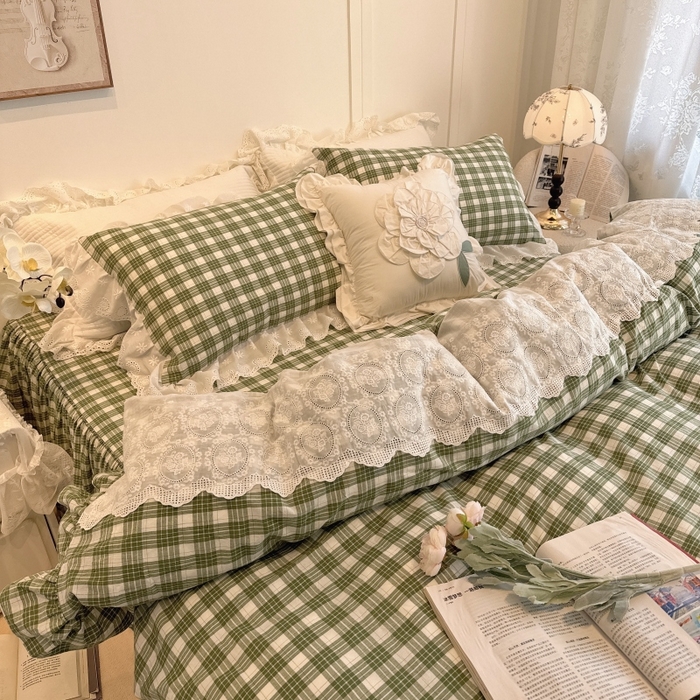 胜权家纺 2025春夏新品全棉法式复古色织水洗棉床裙四件套系列 中绿格