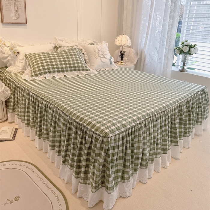 91家纺网 家纺一手货源 找家纺 胜权家纺 2025春夏新品全棉法式复古色织水洗棉床裙四件套系列 中绿格