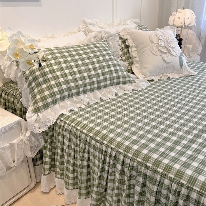 91家纺网 家纺一手货源 找家纺 胜权家纺 2025春夏新品全棉法式复古色织水洗棉床裙四件套系列 中绿格