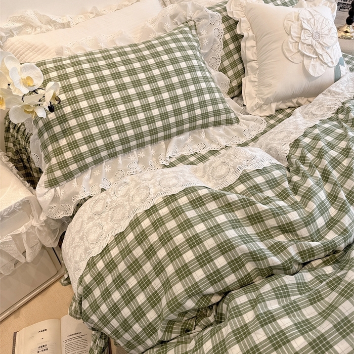 91家纺网 家纺一手货源 找家纺 胜权家纺 2025春夏新品全棉法式复古色织水洗棉床裙四件套系列 中绿格
