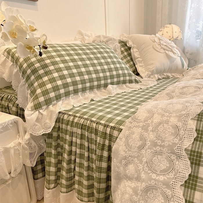 91家纺网 家纺一手货源 找家纺 胜权家纺 2025春夏新品全棉法式复古色织水洗棉床裙四件套系列 中绿格