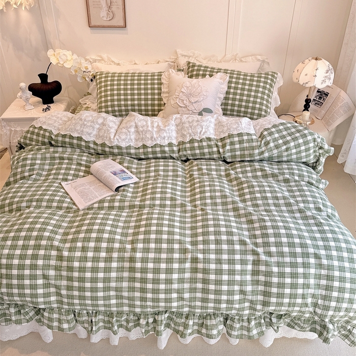 91家纺网 家纺一手货源 找家纺 胜权家纺 2025春夏新品全棉法式复古色织水洗棉床裙四件套系列 中绿格