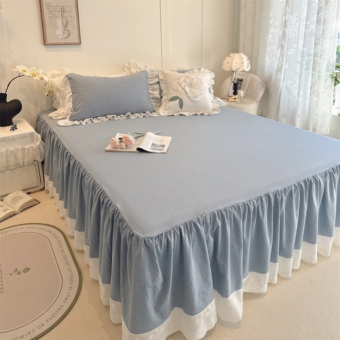 91家纺网 家纺一手货源 找家纺 胜权家纺 2025春夏新品全棉法式复古色织水洗棉床裙四件套系列 丹宁蓝