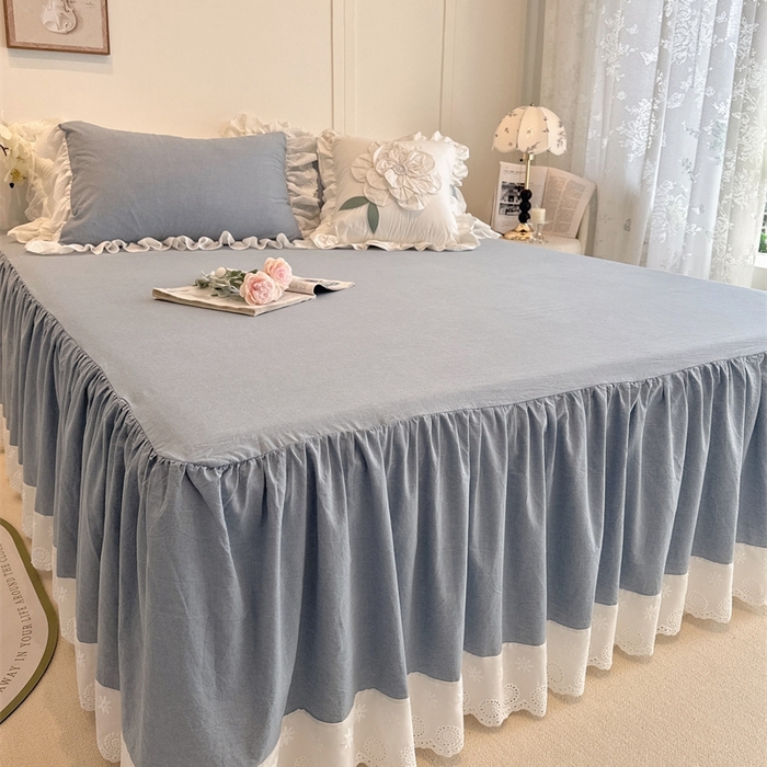 91家纺网 家纺一手货源 找家纺 胜权家纺 2025春夏新品全棉法式复古色织水洗棉床裙四件套系列 丹宁蓝