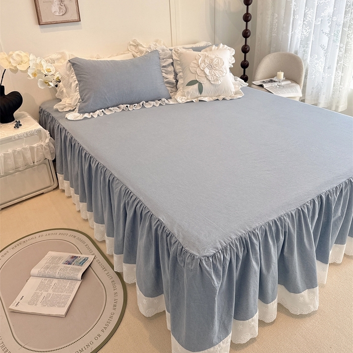 91家纺网 家纺一手货源 找家纺 胜权家纺 2025春夏新品全棉法式复古色织水洗棉床裙四件套系列 丹宁蓝