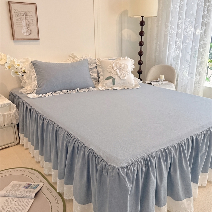 91家纺网 家纺一手货源 找家纺 胜权家纺 2025春夏新品全棉法式复古色织水洗棉床裙四件套系列 丹宁蓝