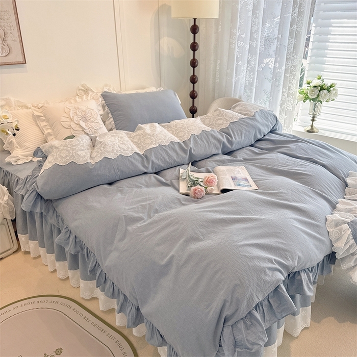 91家纺网 家纺一手货源 找家纺 胜权家纺 2025春夏新品全棉法式复古色织水洗棉床裙四件套系列 丹宁蓝