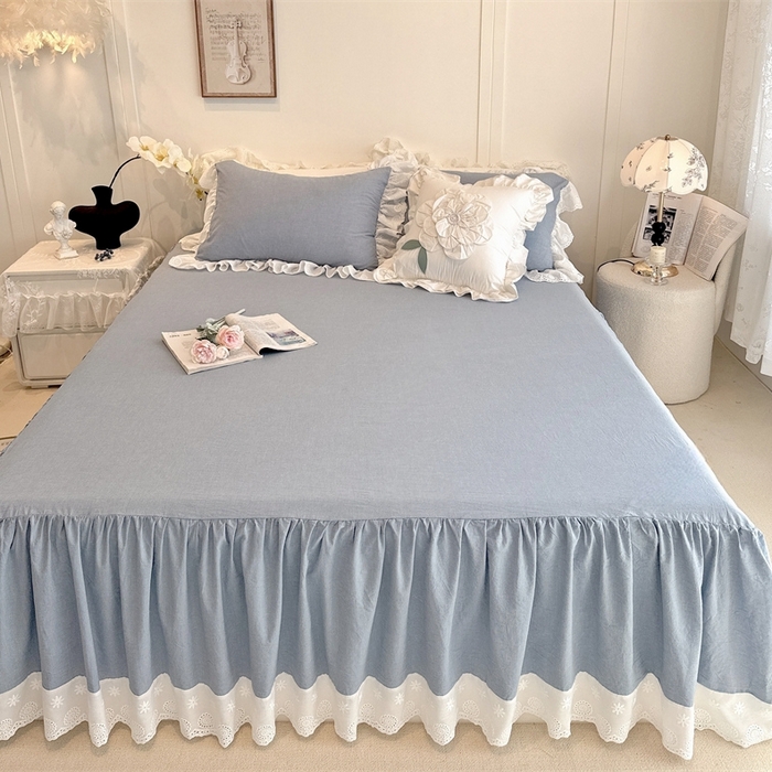 91家纺网 家纺一手货源 找家纺 胜权家纺 2025春夏新品全棉法式复古色织水洗棉床裙四件套系列 丹宁蓝