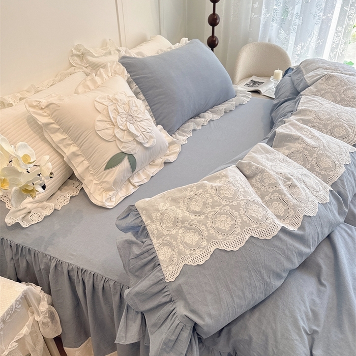 91家纺网 家纺一手货源 找家纺 胜权家纺 2025春夏新品全棉法式复古色织水洗棉床裙四件套系列 丹宁蓝