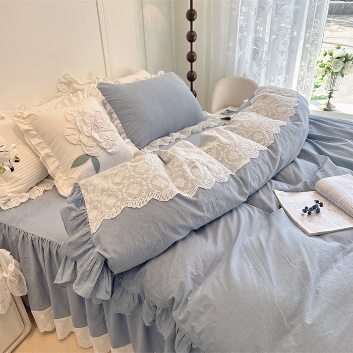 91家纺网 家纺一手货源 找家纺 胜权家纺 2025春夏新品全棉法式复古色织水洗棉床裙四件套系列 丹宁蓝