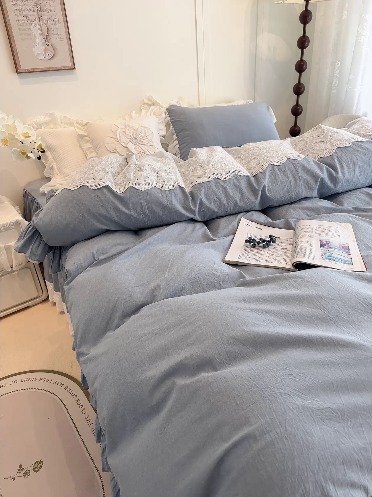 91家纺网 家纺一手货源 找家纺 胜权家纺 2025春夏新品全棉法式复古色织水洗棉床裙四件套系列 丹宁蓝