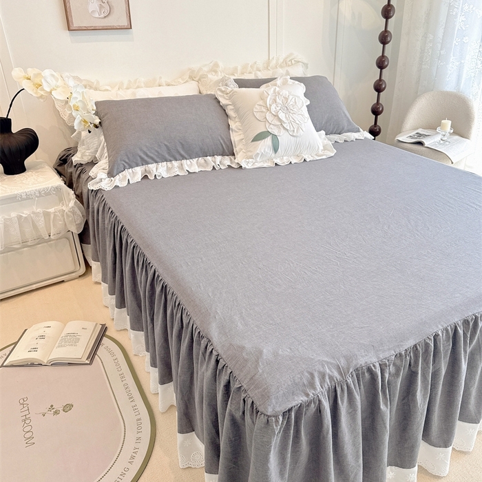 91家纺网 家纺一手货源 找家纺 胜权家纺 2025春夏新品全棉法式复古色织水洗棉床裙四件套系列 亚麻灰