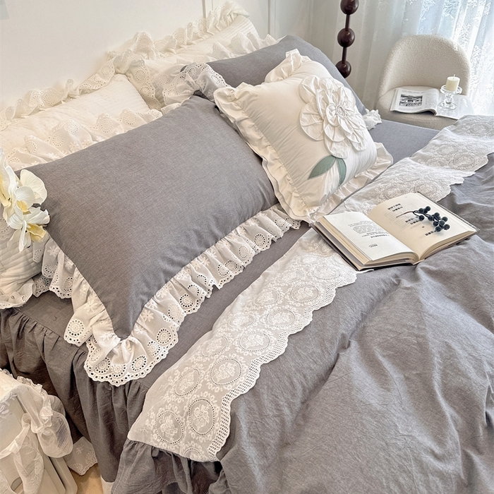 91家纺网 家纺一手货源 找家纺 胜权家纺 2025春夏新品全棉法式复古色织水洗棉床裙四件套系列 亚麻灰