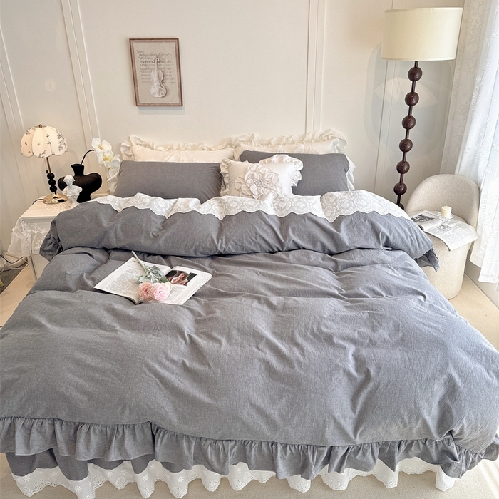 91家纺网 家纺一手货源 找家纺 胜权家纺 2025春夏新品全棉法式复古色织水洗棉床裙四件套系列 亚麻灰