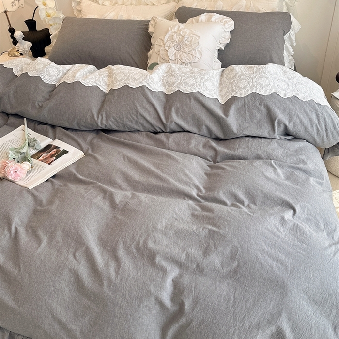 91家纺网 家纺一手货源 找家纺 胜权家纺 2025春夏新品全棉法式复古色织水洗棉床裙四件套系列 亚麻灰