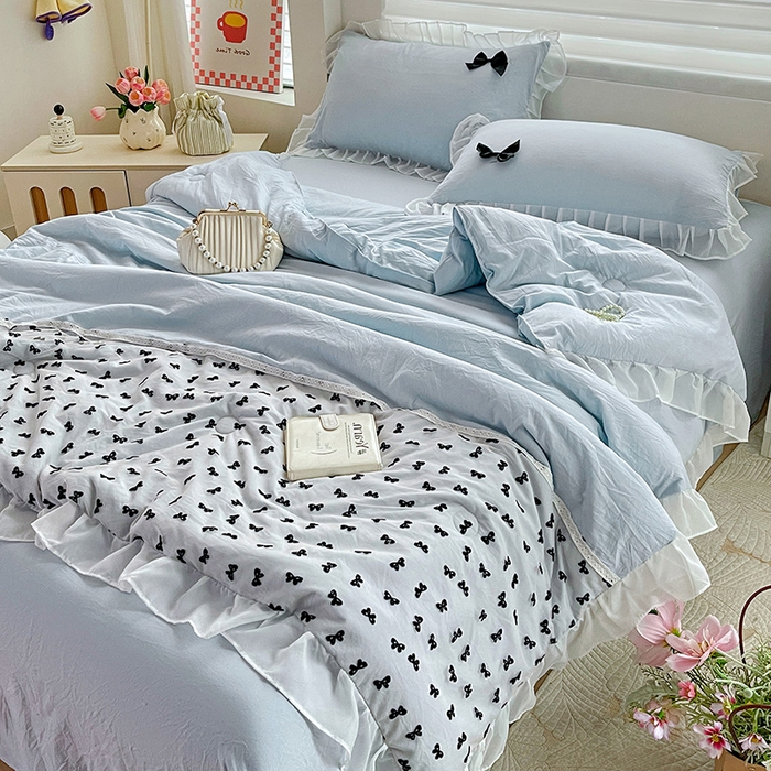 91家纺网 家纺一手货源 找家纺 （总）梦之岛 2025新款韩版蝴蝶蕾丝水洗棉毛巾绣四件套