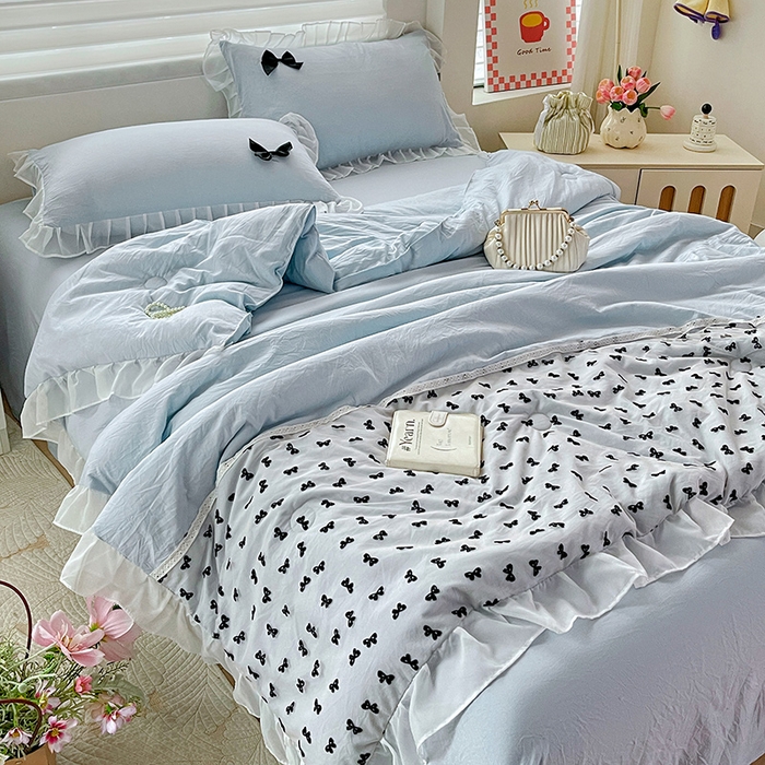 91家纺网 家纺一手货源 找家纺 （总）梦之岛 2025新款韩版蝴蝶蕾丝水洗棉毛巾绣四件套