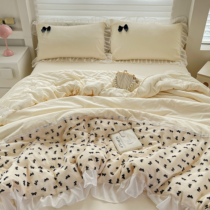 91家纺网 家纺一手货源 找家纺 梦之岛 2025新款韩版蝴蝶蕾丝水洗棉毛巾绣四件套 蝴蝶夏被-黄