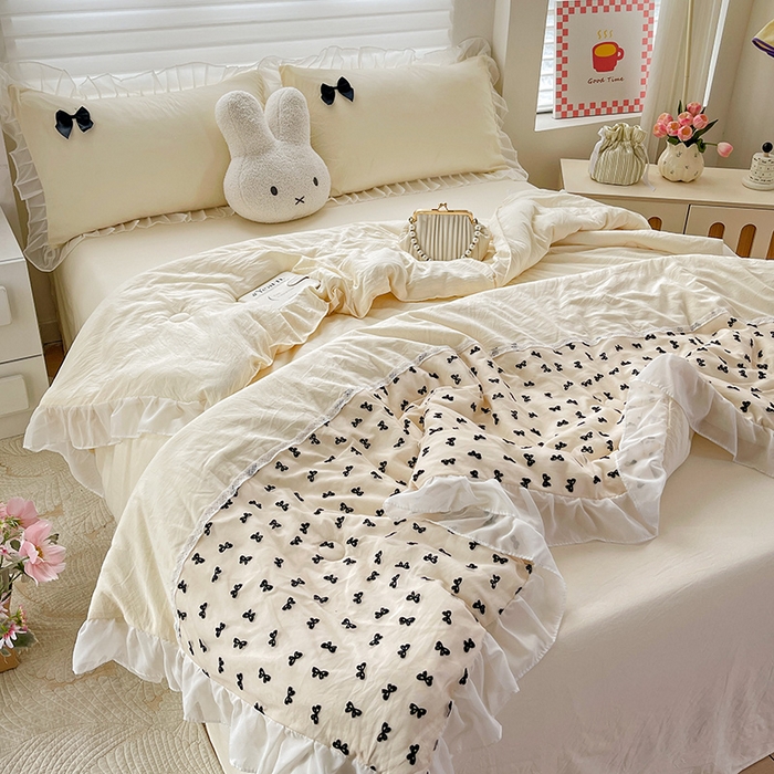 91家纺网 家纺一手货源 找家纺 梦之岛 2025新款韩版蝴蝶蕾丝水洗棉毛巾绣四件套 蝴蝶夏被-黄