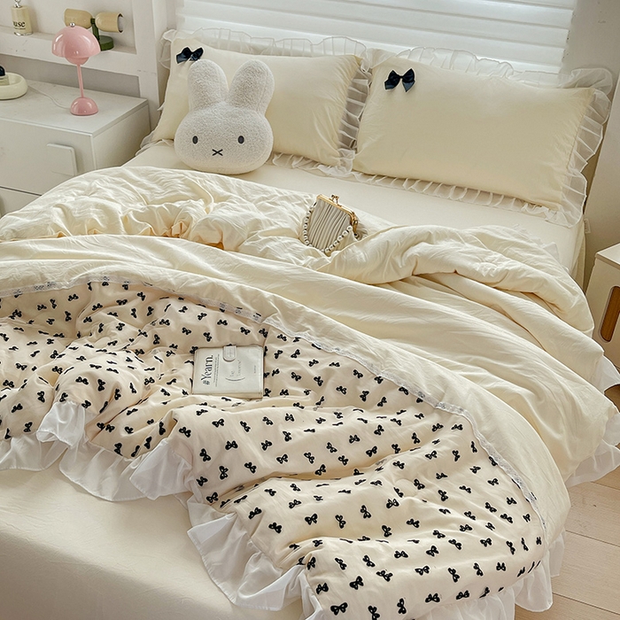 91家纺网 家纺一手货源 找家纺 梦之岛 2025新款韩版蝴蝶蕾丝水洗棉毛巾绣四件套 蝴蝶夏被-黄