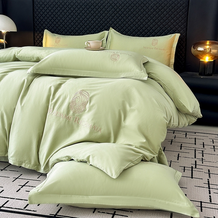 91家纺网 家纺一手货源 找家纺 梦莱斯2025新款长绒棉刺绣轻奢系列四件套 抹茶绿