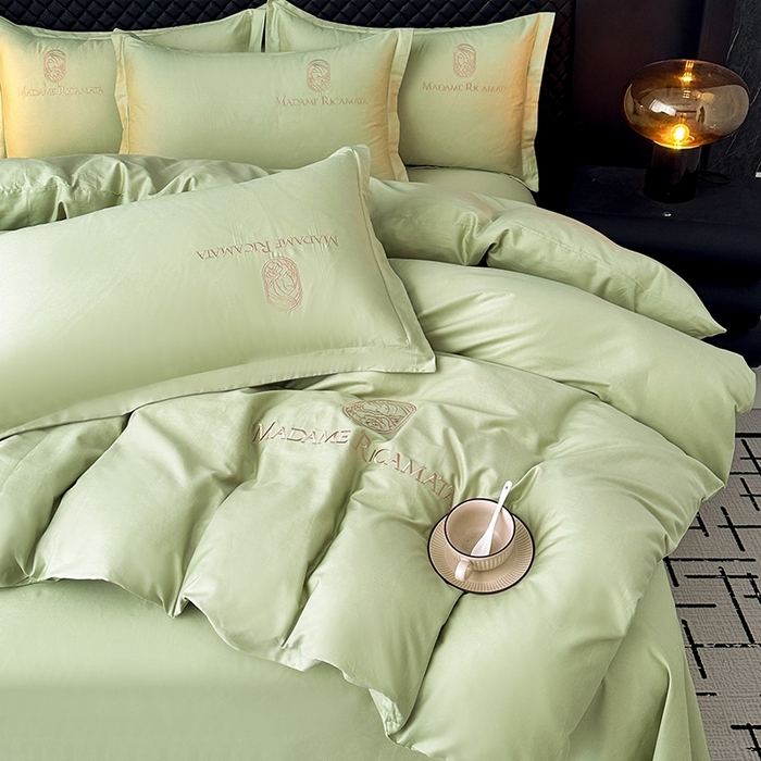 91家纺网 家纺一手货源 找家纺 梦莱斯2025新款长绒棉刺绣轻奢系列四件套 抹茶绿
